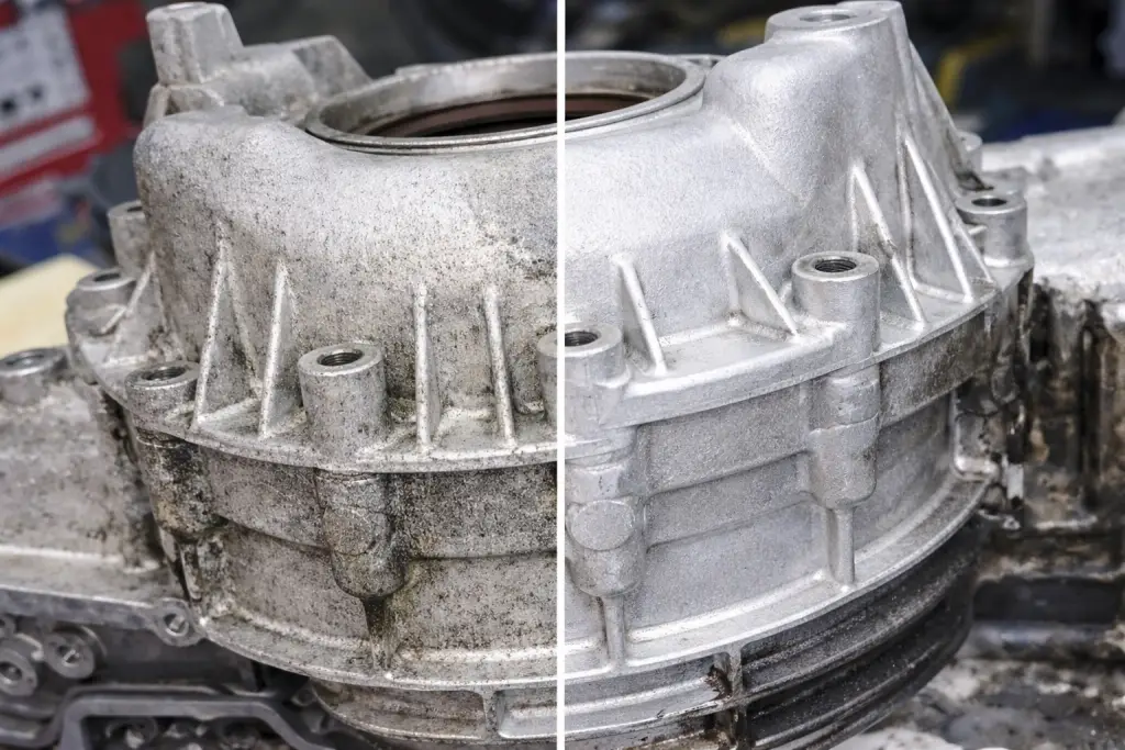 Vorher-Nachher-Vergleich einer Metallkomponente nach Laserreinigung