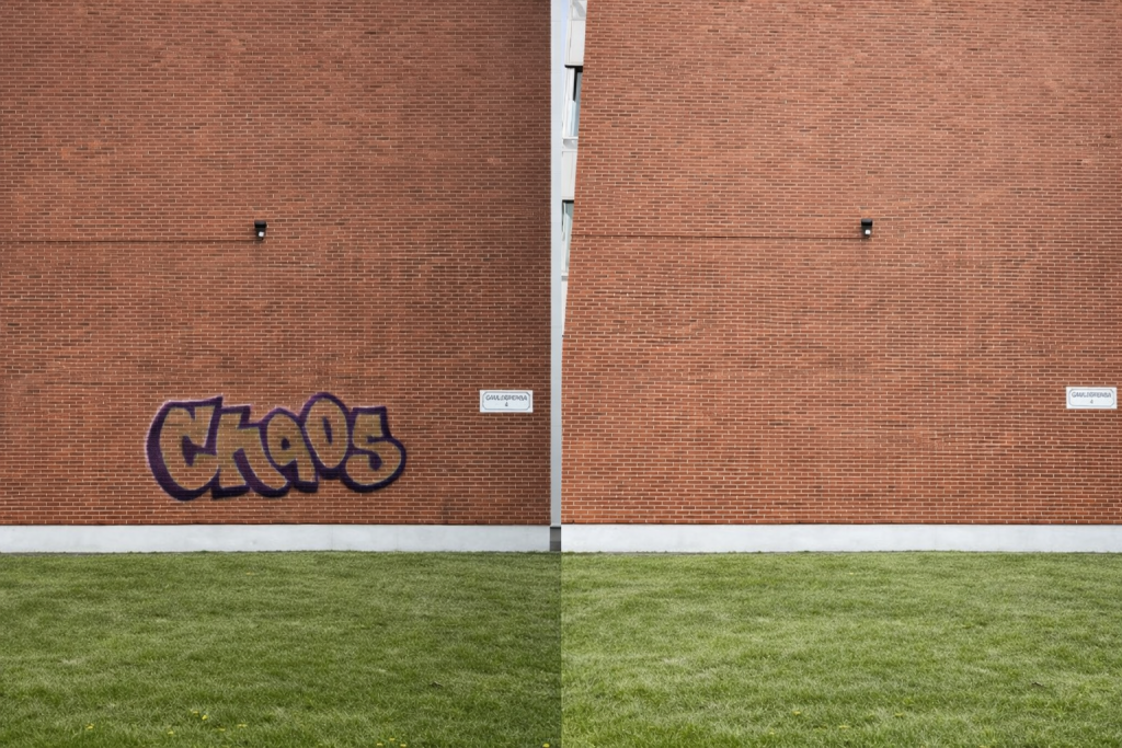 Vorher-Nachher-Vergleich einer Ziegelwand nach Graffiti-Entfernung mit Laserreinigung