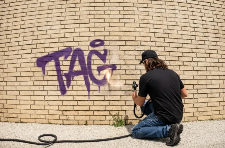 Laserreinigung zur Graffiti-Entfernung an einer Klinkerwand – mobile Anwendung vor Ort