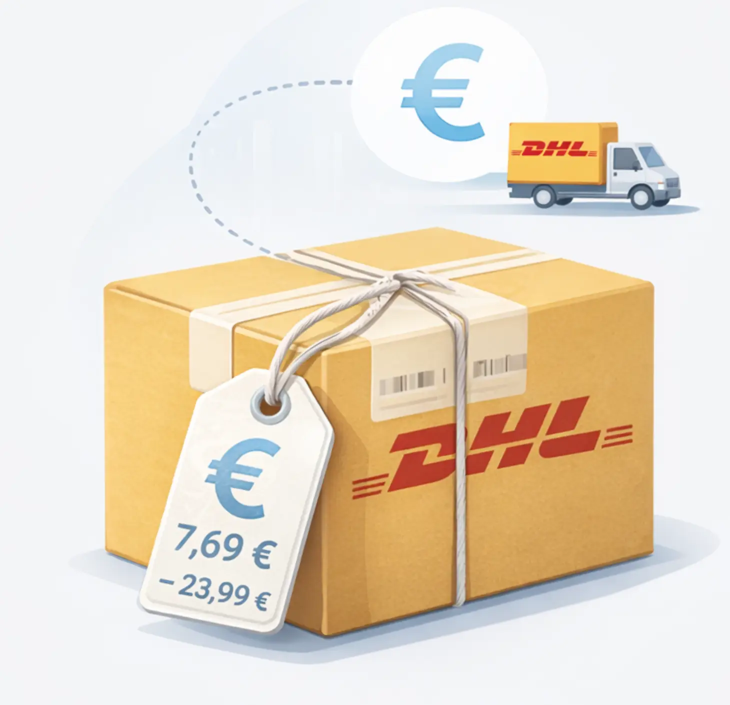 DHL Paket mit Preisschild – Symbol für Versandkosten und Preisberechnung