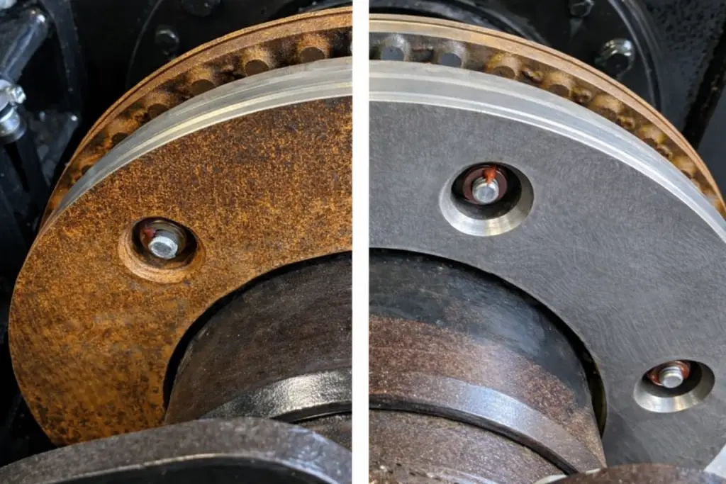 Vorher-Nachher-Vergleich eines Metallbauteils nach Rostentfernung durch Laserreinigung