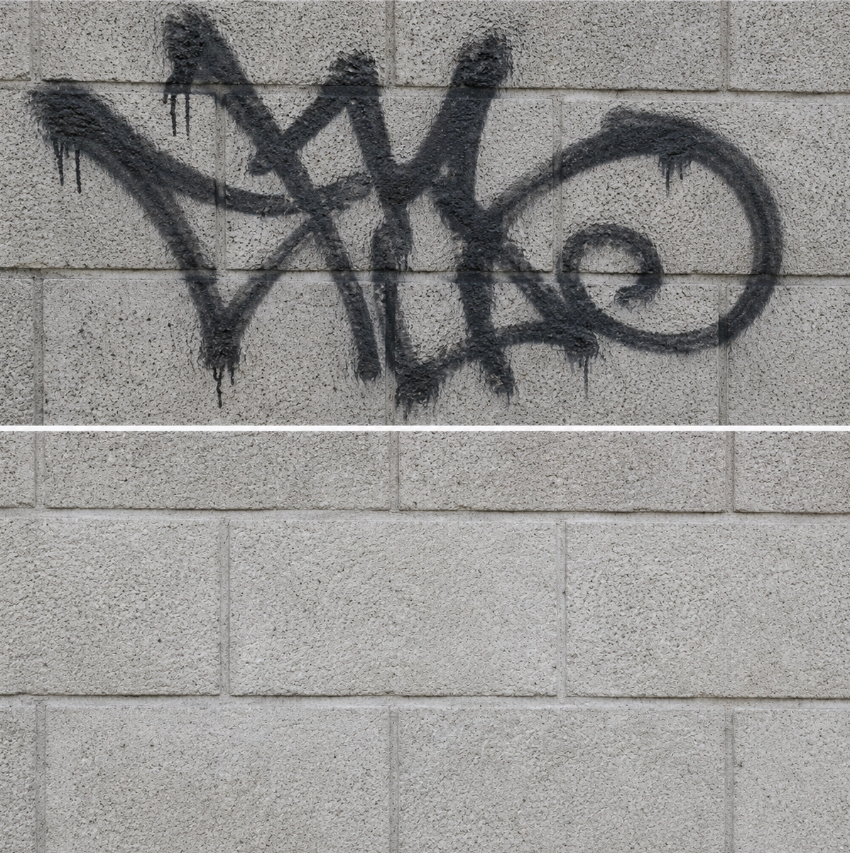 Graffiti auf Beton und gereinigte Fläche im Vorher-Nachher-Vergleich