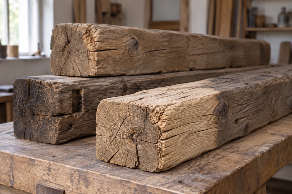 KI-Illustration: ein alter Holzbalken mit teilweise aufgefrischter Oberfläche; vorne helleres Holz, dahinter die dunkle Ausgangsfläche.